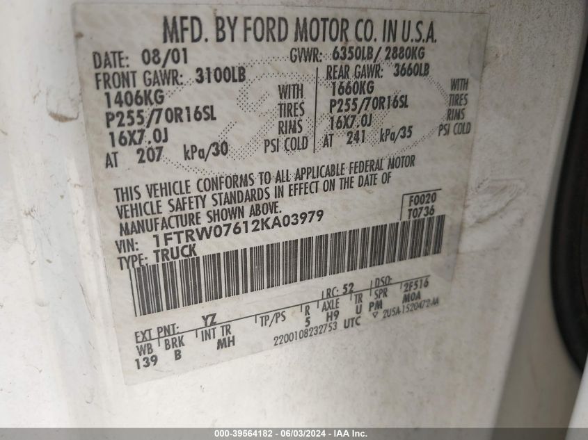 2002 Ford F-150 King Ranch/Lariat/Xlt VIN: 1FTRW07612KA03979 Lot: 39564182