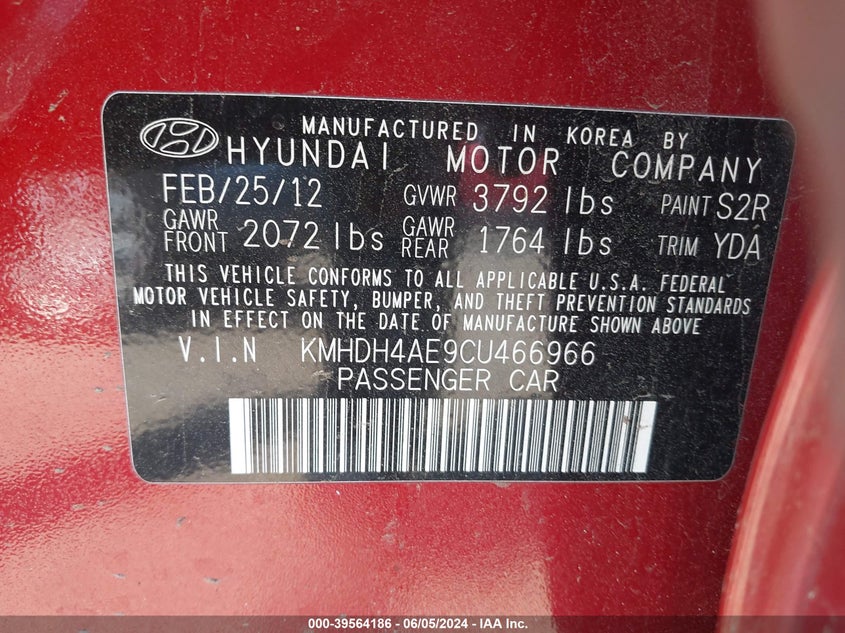 2012 Hyundai Elantra Gls (Ulsan Plant) VIN: KMHDH4AE9CU466966 Lot: 39564186