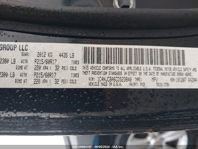 2012 Jeep Compass Sport VIN: 1C4NJCBA6CD523840 Lot: 39564197
