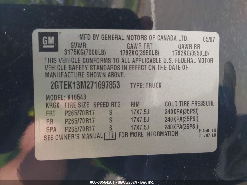 2007 GMC Sierra 1500 Sle2 VIN: 2GTEK13M271697853 Lot: 39564201