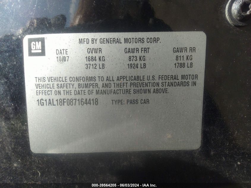 2008 Chevrolet Cobalt Lt VIN: 1G1AL18F087164418 Lot: 39564205