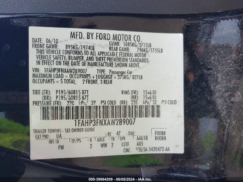 2010 Ford Focus Se VIN: 1FAHP3FNXAW289007 Lot: 39564209