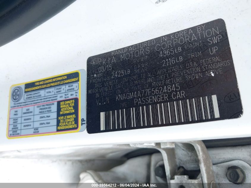 2015 Kia Optima Lx VIN: KNAGM4A77F5624845 Lot: 39564212