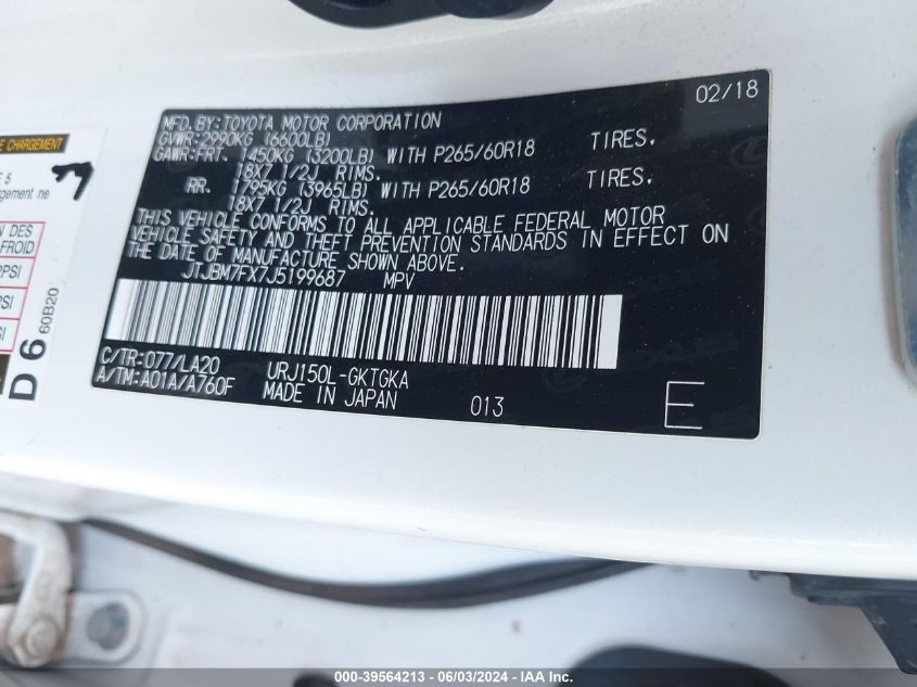 2018 Lexus 460 VIN: JTJBM7FX7J5199687 Lot: 39564213