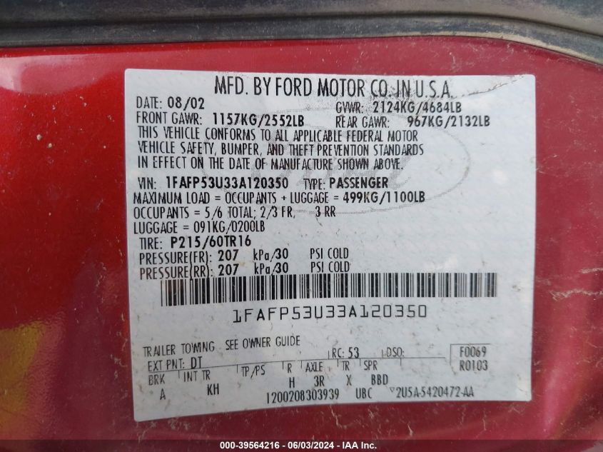 2003 Ford Taurus Se VIN: 1FAFP53U33A120350 Lot: 39564216