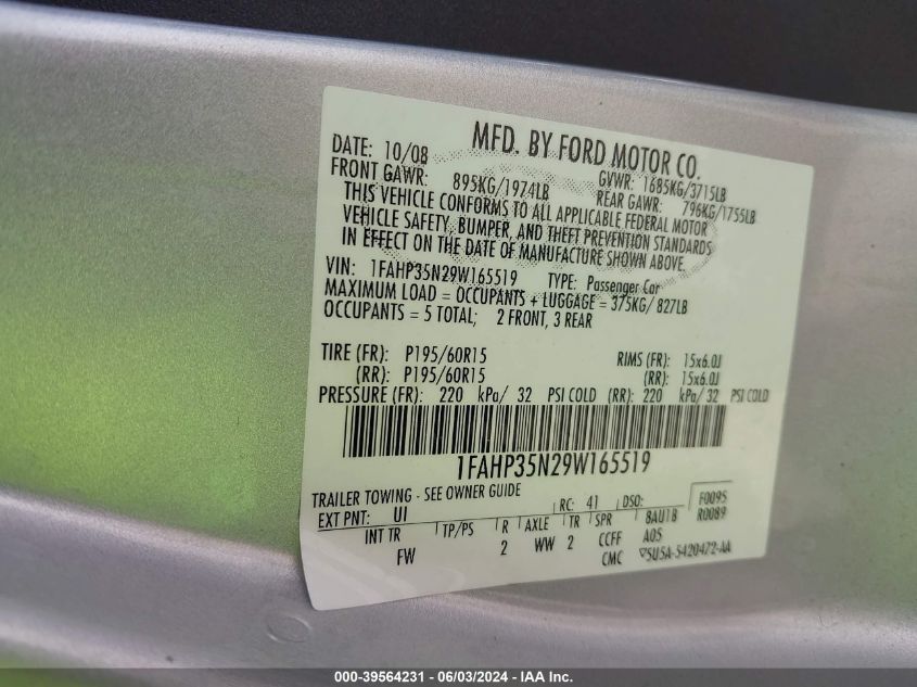 2009 Ford Focus Se VIN: 1FAHP35N29W165519 Lot: 39564231