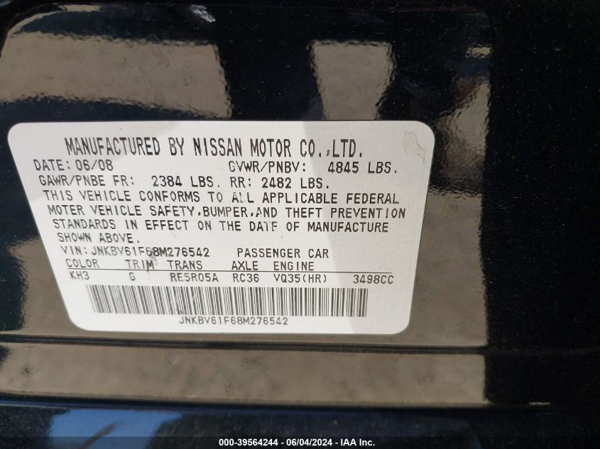 2008 Infiniti G35X VIN: JNKBV61F68M276542 Lot: 39564244