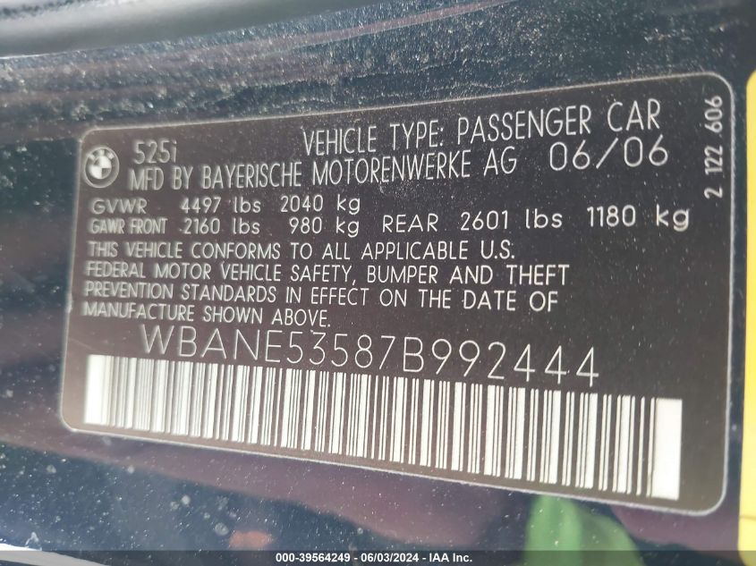 2007 BMW 525I VIN: WBANE53587B992444 Lot: 39564249