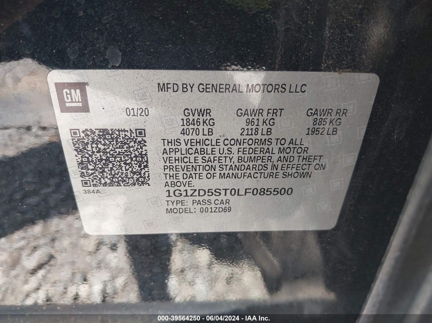 2020 Chevrolet Malibu Fwd Lt VIN: 1G1ZD5ST0LF085500 Lot: 39564250