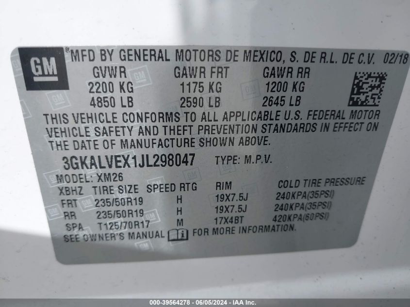 2018 GMC Terrain Slt VIN: 3GKALVEX1JL298047 Lot: 39564278