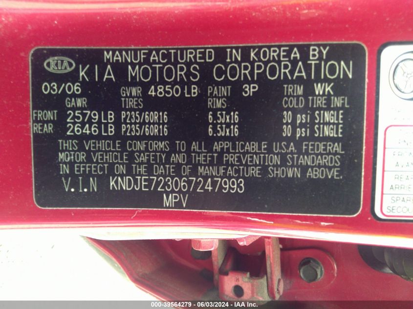 2006 Kia Sportage Ex V6/Lx V6 VIN: KNDJE723067247993 Lot: 39564279
