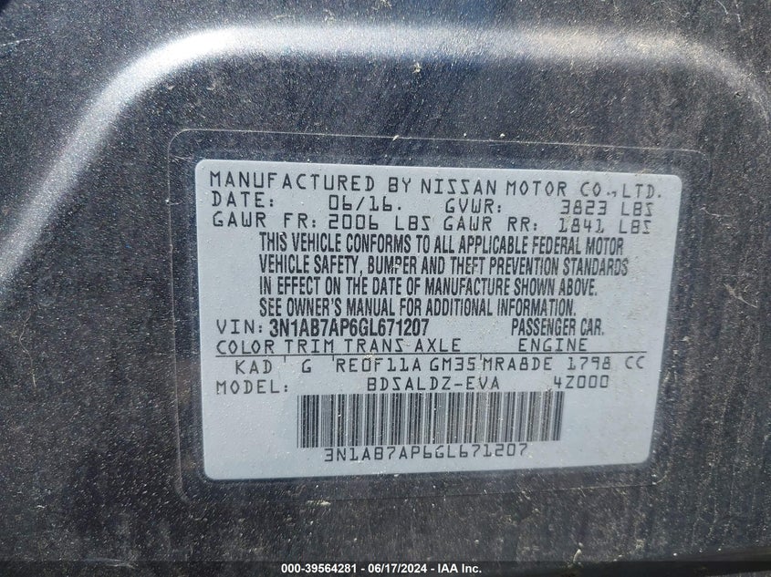 2016 Nissan Sentra Sv VIN: 3N1AB7AP6GL671207 Lot: 39564281