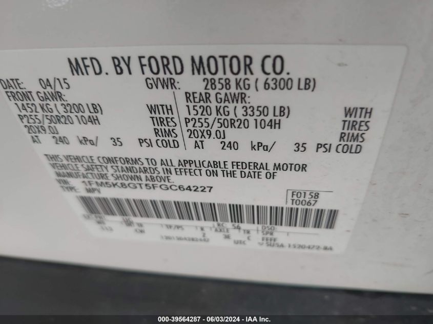 2015 Ford Explorer Sport VIN: 1FM5K8GT5FGC64227 Lot: 39564287