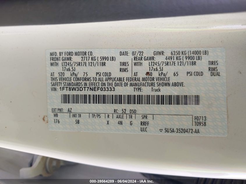 2022 Ford F-350 Lariat VIN: 1FT8W3DT7NEF03333 Lot: 39564289
