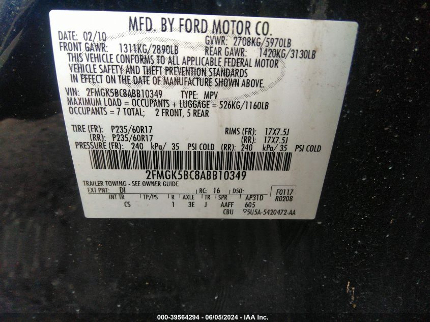 2010 Ford Flex Se VIN: 2FMGK5BC8ABB10349 Lot: 39564294