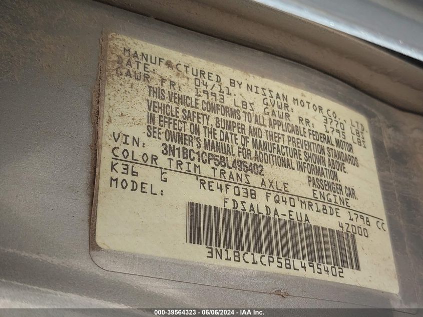 2011 Nissan Versa 1.8S VIN: 3N1BC1CP5BL495402 Lot: 39564323