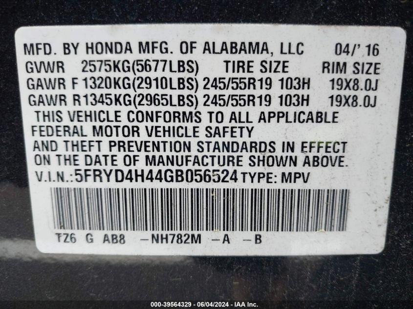 2016 Acura Mdx Technology Acurawatch Plus Packages/Technology Package VIN: 5FRYD4H44GB056524 Lot: 39564329