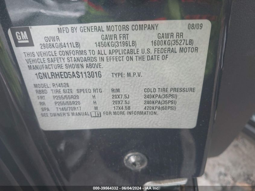 2010 Chevrolet Traverse Ltz VIN: 1GNLRHED5AS113016 Lot: 39564332