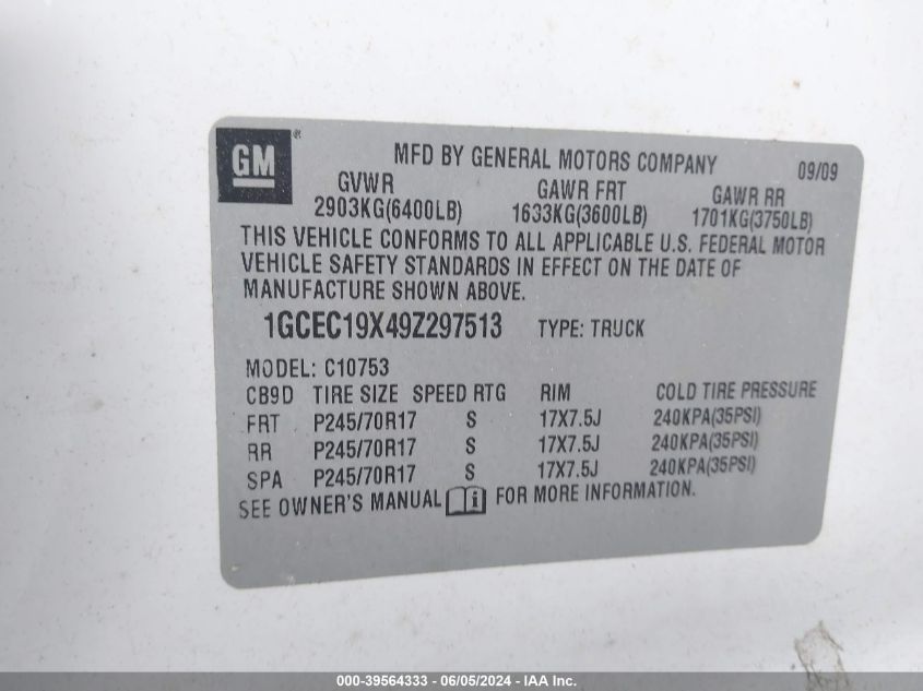 2009 Chevrolet Silverado 1500 Work Truck VIN: 1GCEC19X49Z297513 Lot: 39564333