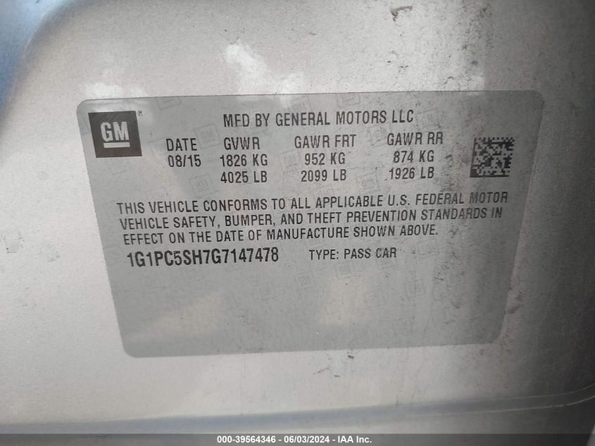 2016 Chevrolet Cruze Limited Ls Auto VIN: 1G1PC5SH7G7147478 Lot: 39564346