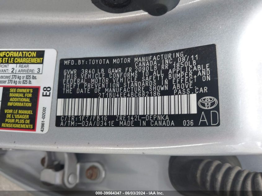 2011 Toyota Corolla Le VIN: 2T1BU4EE4BC682186 Lot: 39564347