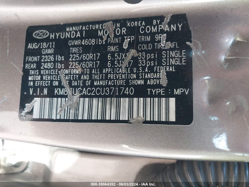 2012 Hyundai Tucson Gls VIN: KM8JUCAC2CU371740 Lot: 39564352