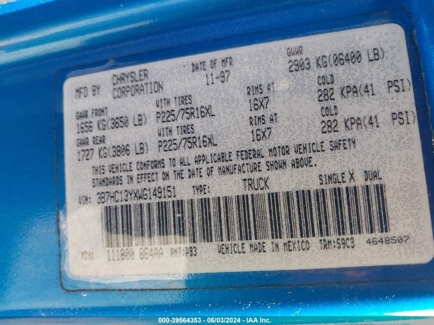 1998 Dodge Ram 1500 St VIN: 3B7HC13YXWG149151 Lot: 39564353