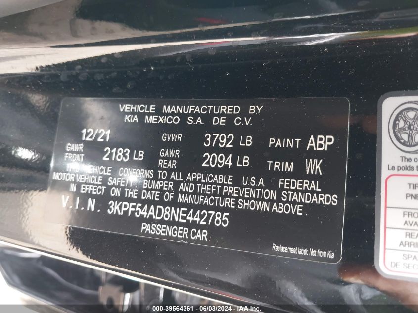 2022 Kia Forte Gt-Line VIN: 3KPF54AD8NE442785 Lot: 39564361