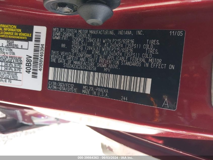 2006 Toyota Sienna Le VIN: 5TDZA23C26S428258 Lot: 39564363