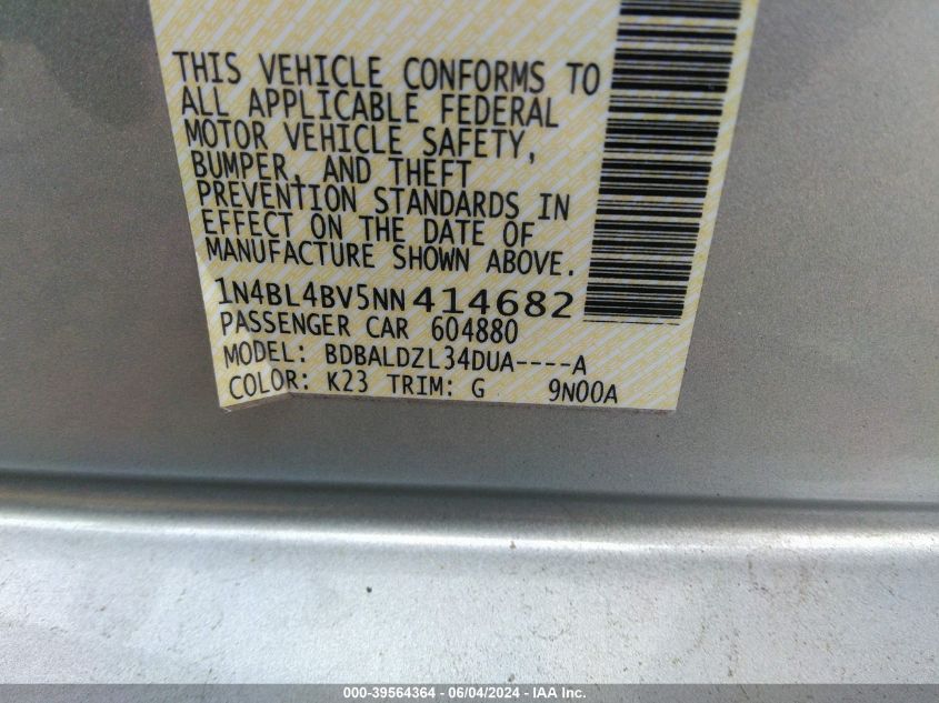 2022 Nissan Altima S Fwd VIN: 1N4BL4BV5NN414682 Lot: 39564364