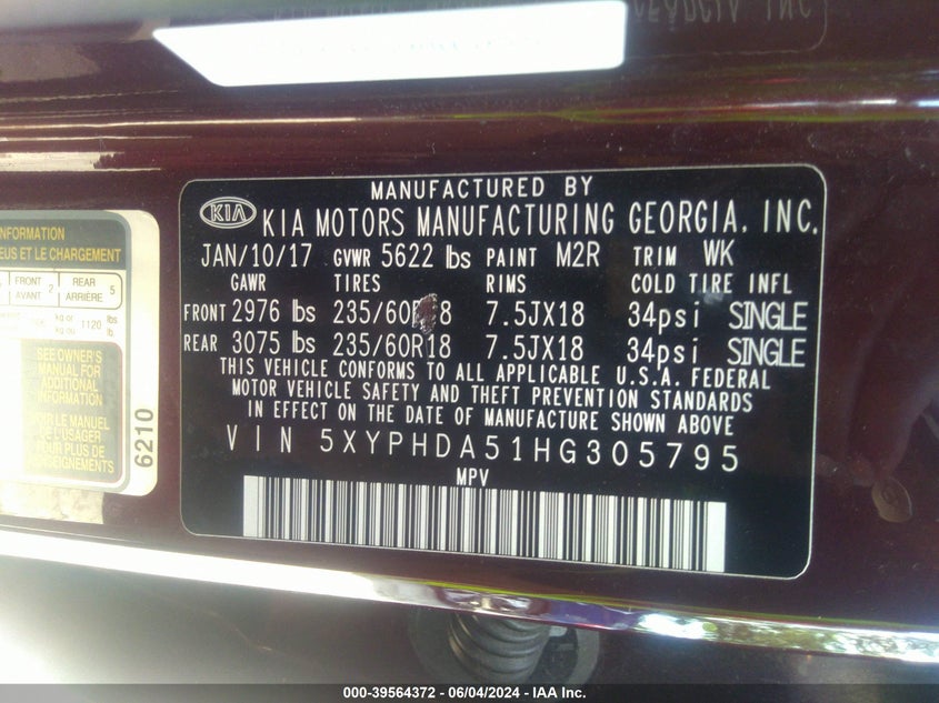 2017 Kia Sorento 3.3L Ex VIN: 5XYPHDA51HG305795 Lot: 39564372