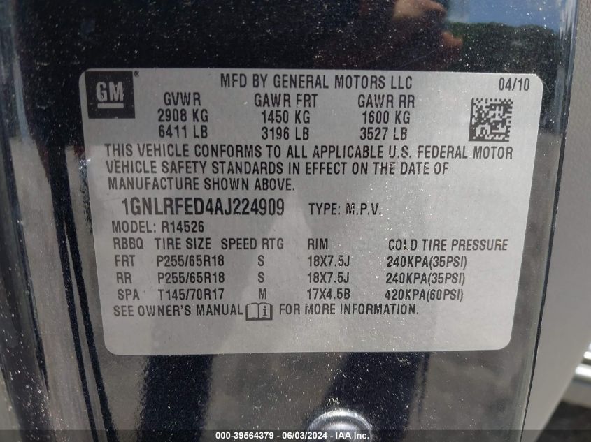 2010 Chevrolet Traverse Lt VIN: 1GNLRFED4AJ224909 Lot: 39564379