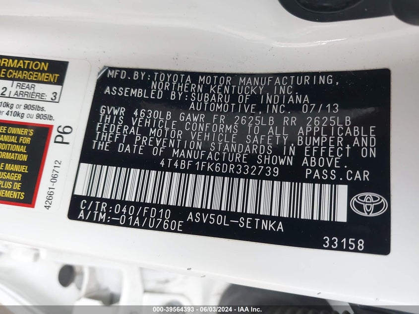 2013 Toyota Camry L/Se/Le/Xle VIN: 4T4BF1FK6DR332739 Lot: 39564393