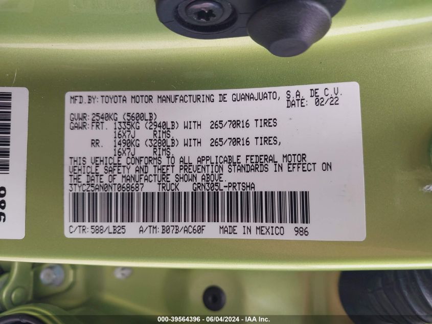 2022 Toyota Tacoma Trd Pro VIN: 3TYCZ5AN0NT068687 Lot: 39564396