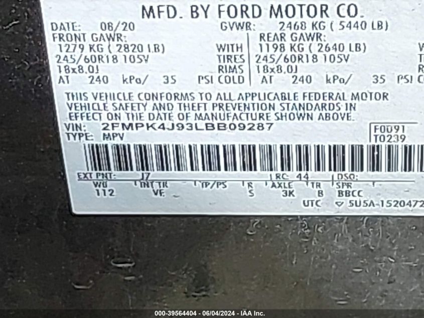 2020 Ford Edge Sel VIN: 2FMPK4J93LBB09287 Lot: 39564404