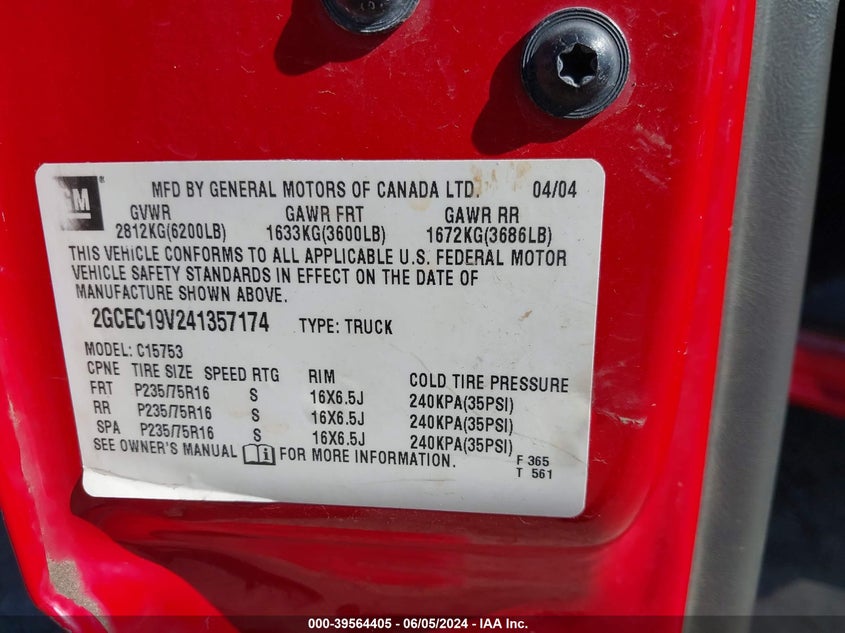 2004 Chevrolet Silverado 1500 Ls VIN: 2GCEC19V241357174 Lot: 39564405