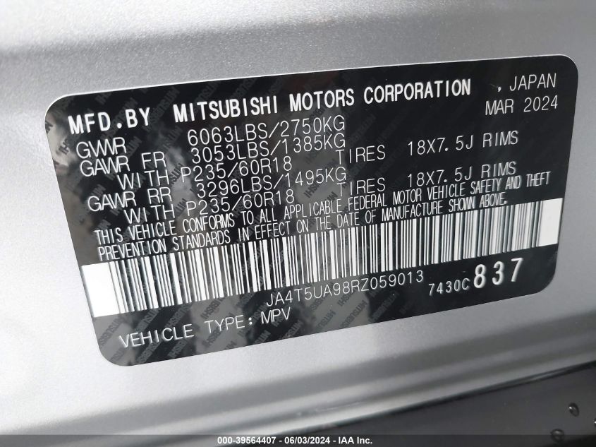 2024 Mitsubishi Outlander Es VIN: JA4T5UA98RZ059013 Lot: 39564407