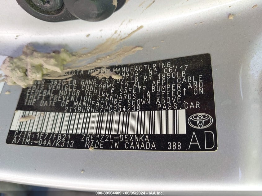 2017 Toyota Corolla Le VIN: 2T1BURHE7HC934238 Lot: 39564409