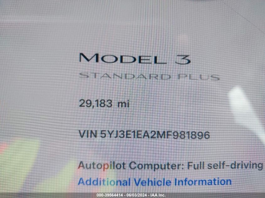 2021 Tesla Model 3 Standard Range Plus Rear-Wheel Drive VIN: 5YJ3E1EA2MF981896 Lot: 39564414