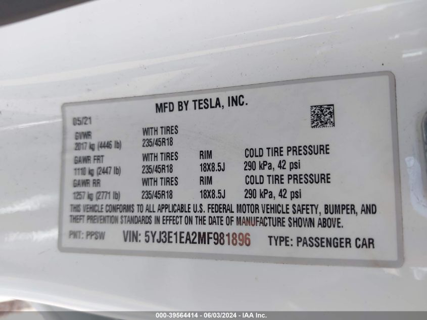 2021 Tesla Model 3 Standard Range Plus Rear-Wheel Drive VIN: 5YJ3E1EA2MF981896 Lot: 39564414