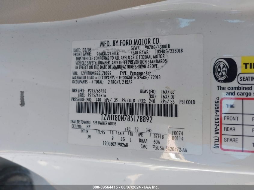 2008 Ford Mustang V6 Deluxe/V6 Premium VIN: 1ZVHT80N785178892 Lot: 39564415