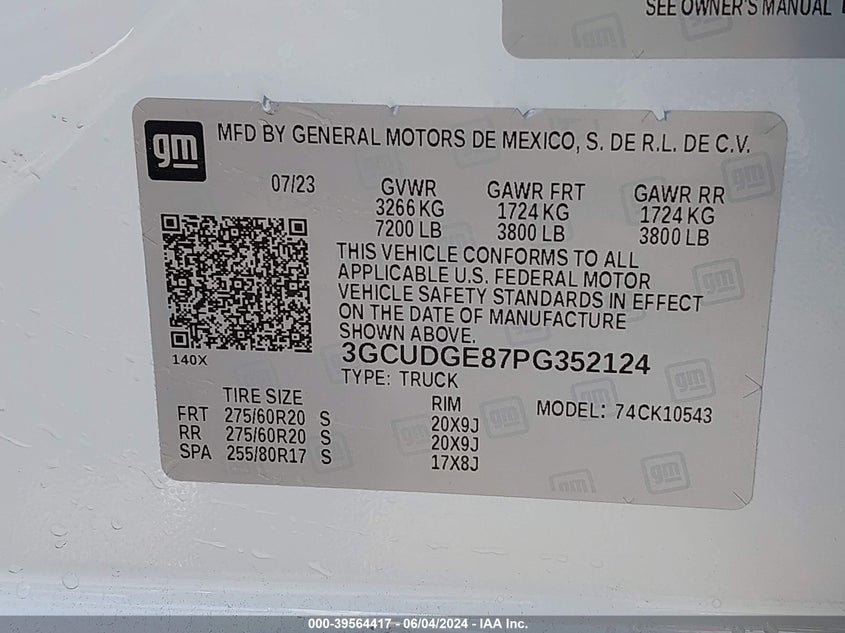 2023 CHEVROLET SILVERADO 1500 3.0L I-6 DI, DOHC, V(VIN: 3GCUDGE87PG352124