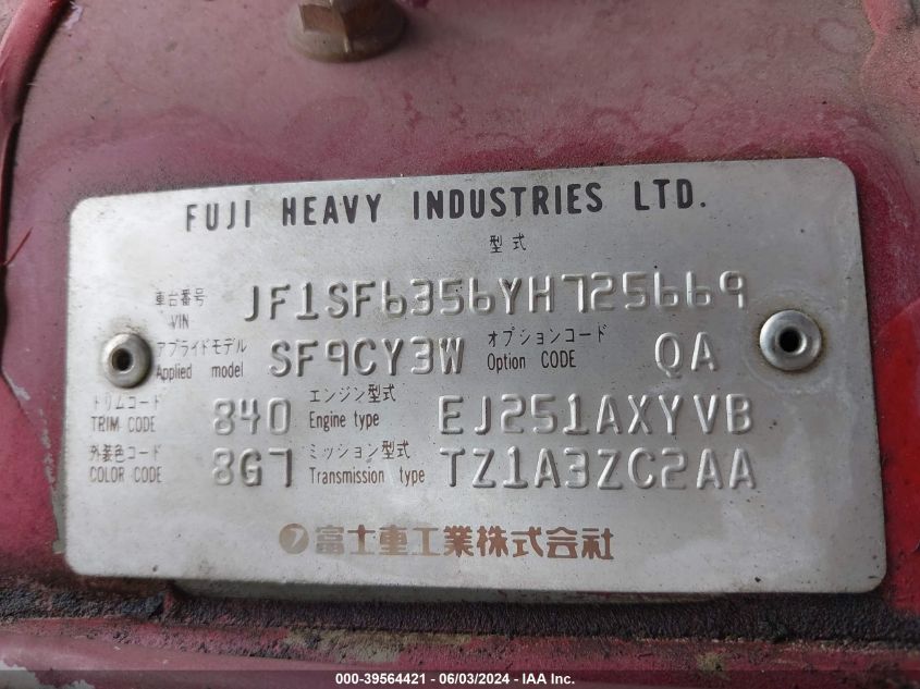 2000 Subaru Forester L VIN: JF1SF6356YH725669 Lot: 39564421