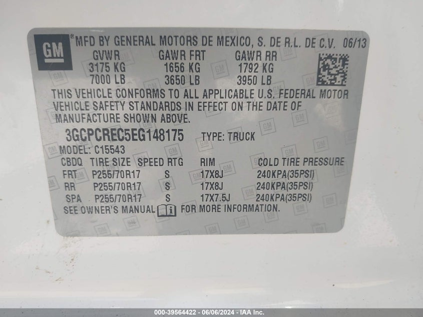 2014 Chevrolet Silverado 1500 1Lt VIN: 3GCPCREC5EG148175 Lot: 39564422