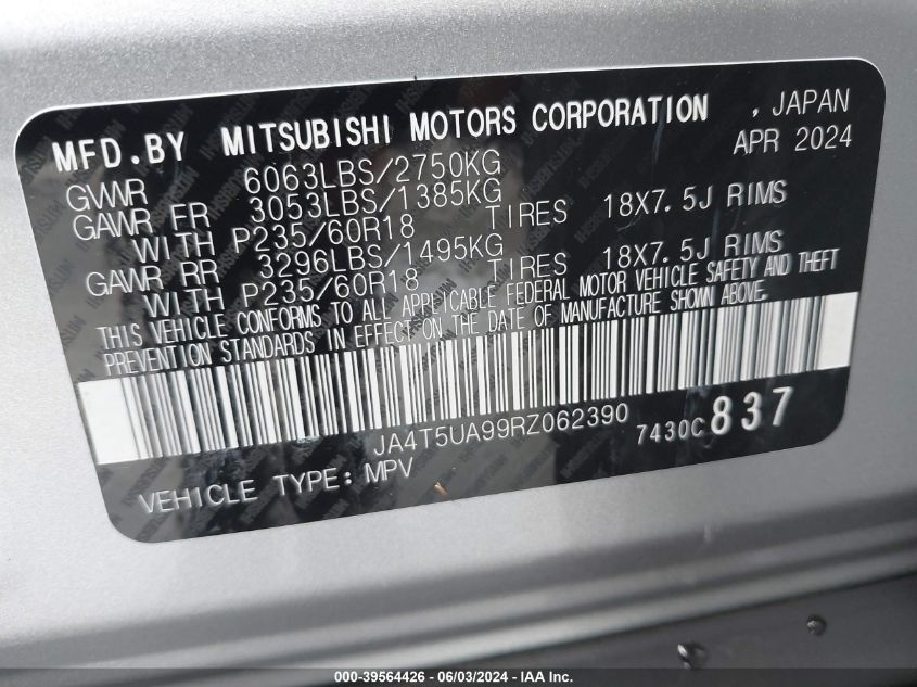 2024 Mitsubishi Outlander Phev Es S-Awc VIN: JA4T5UA99RZ062390 Lot: 39564426