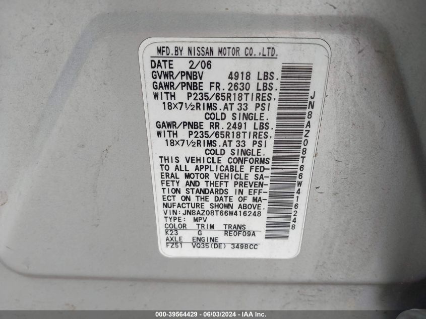 2006 Nissan Murano Sl VIN: JN8AZ08T66W416248 Lot: 39564429