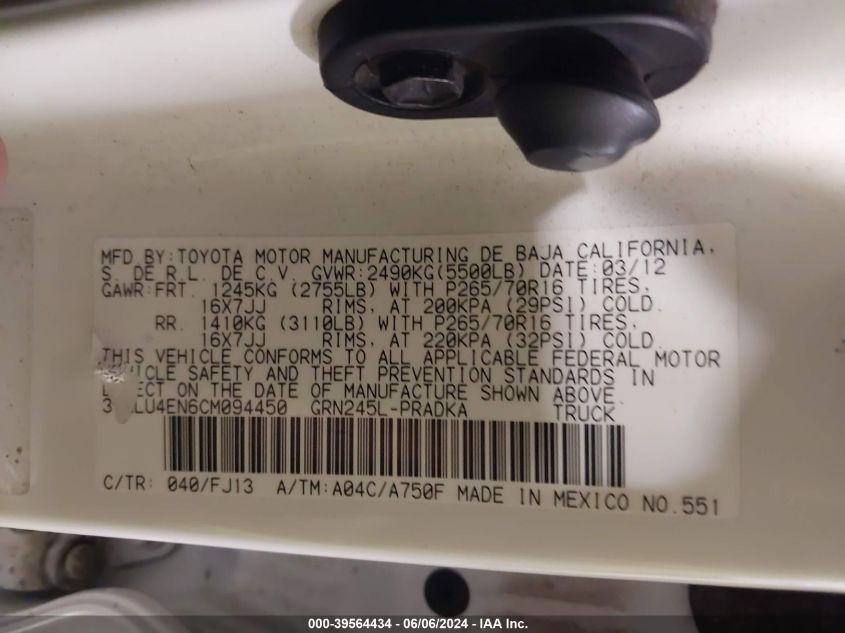 2012 Toyota Tacoma Base V6 VIN: 3TMLU4EN6CM094450 Lot: 39564434