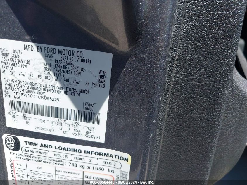 2012 Ford F-150 Xlt VIN: 1FTFW1CT1CKD86229 Lot: 39564443