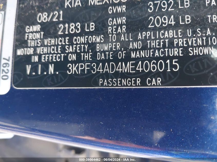 2021 Kia Forte Gt-Line VIN: 3KPF34AD4ME406015 Lot: 39564462