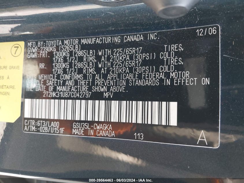 2007 Lexus Rx 350 350 VIN: 2T2HK31U87C042797 Lot: 39564463